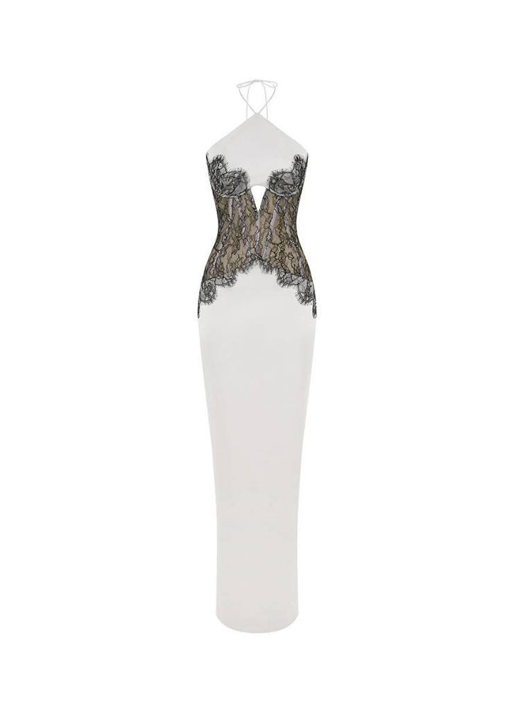 Fashion Stop White Satin Black Lace Halter Maxi Dress