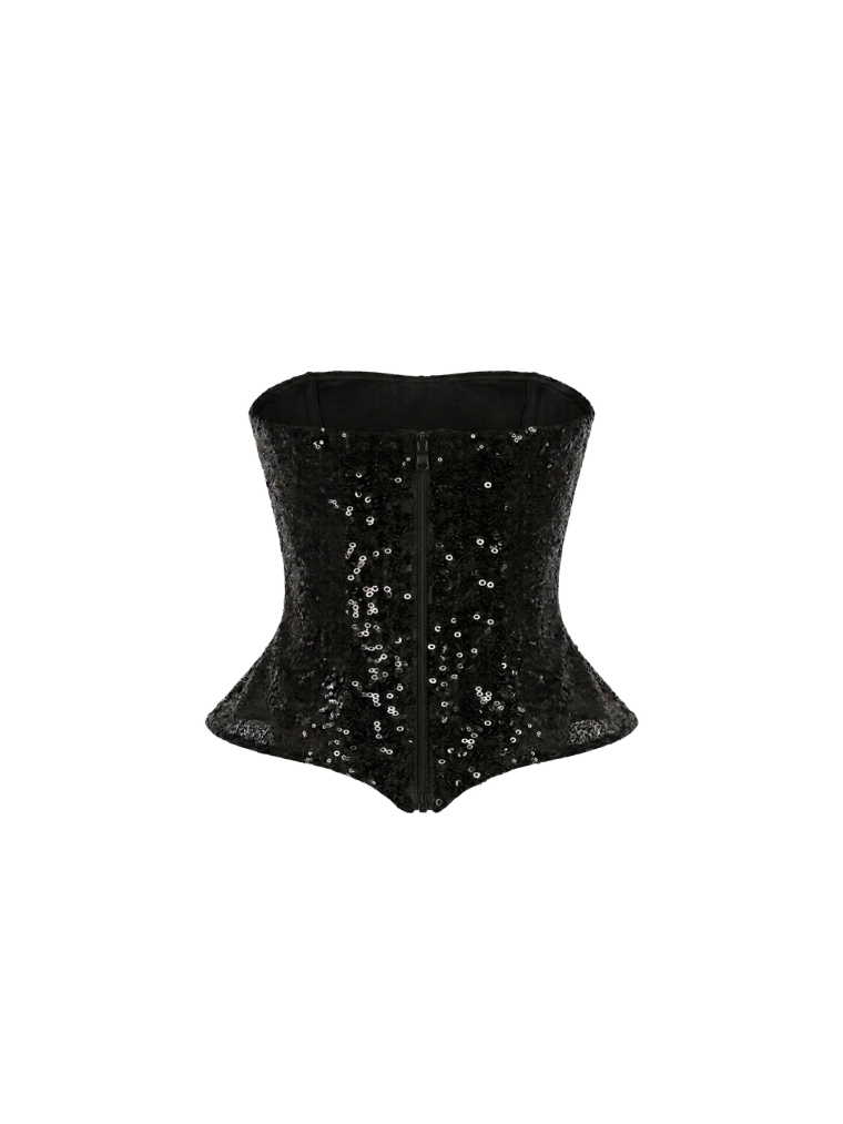 Fashion Stop Shiny Black Sequin Corset Top