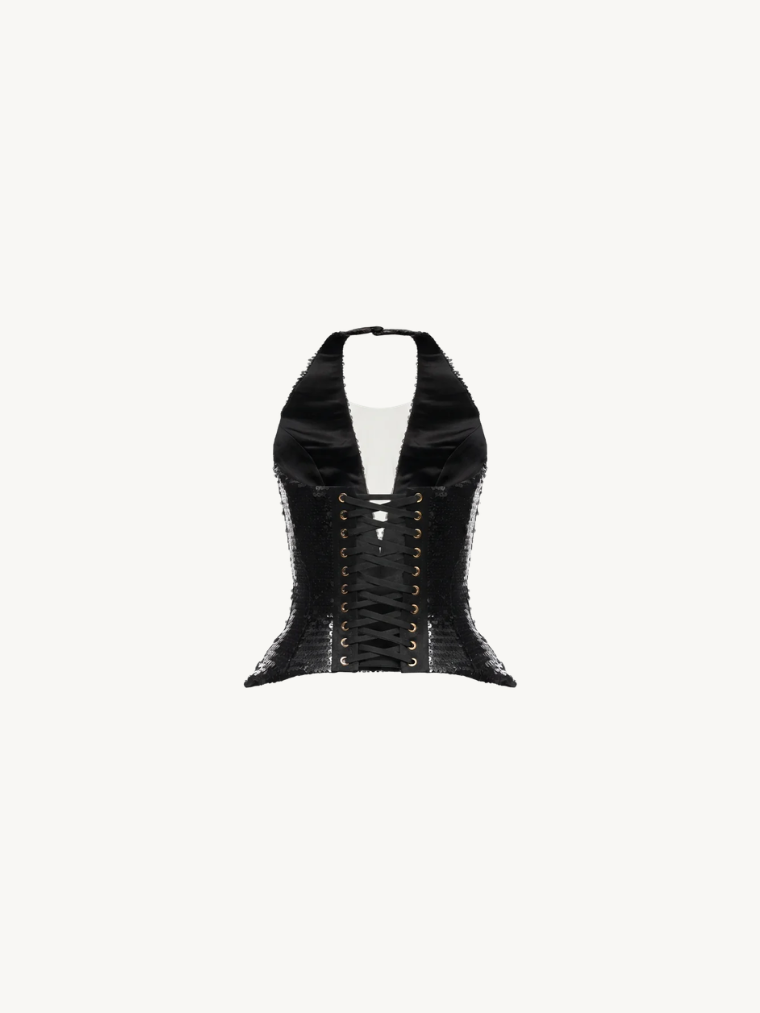 Fashion Stop Deep V-Neck Sequin Peplum Corset Top