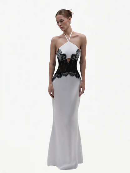 Fashion Stop White Satin Black Lace Halter Maxi Dress
