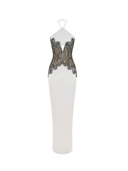 Fashion Stop White Satin Black Lace Halter Maxi Dress