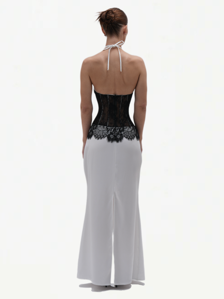 Fashion Stop White Satin Black Lace Halter Maxi Dress
