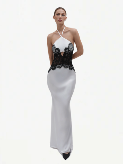 Fashion Stop White Satin Black Lace Halter Maxi Dress