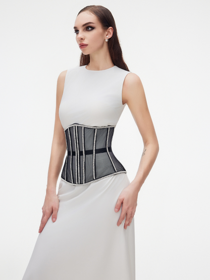 Fashion Stop Black Mesh Crystal Trim Waist Corset