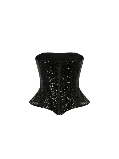 Fashion Stop Shiny Black Sequin Corset Top