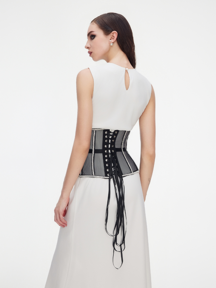 Fashion Stop Black Mesh Crystal Trim Waist Corset