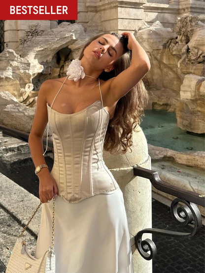 Fashion Stop Beige Satin Strapless Corset Top