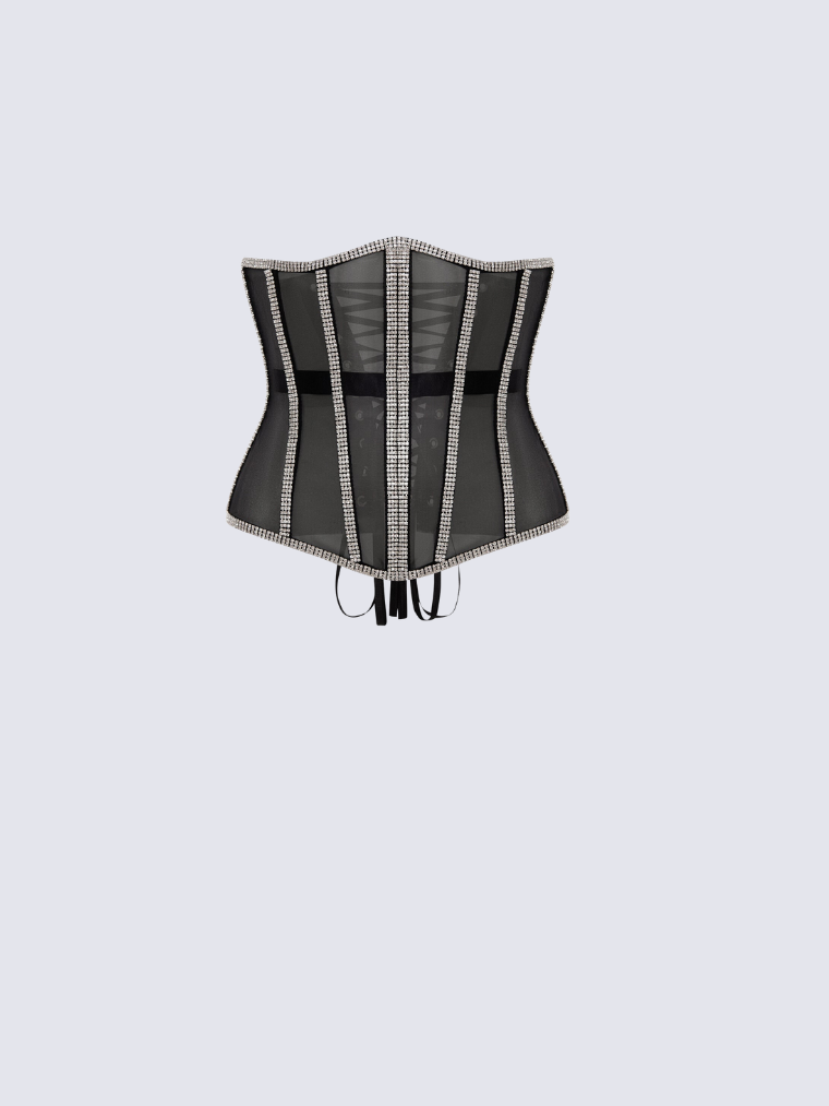 Fashion Stop Black Mesh Crystal Trim Waist Corset