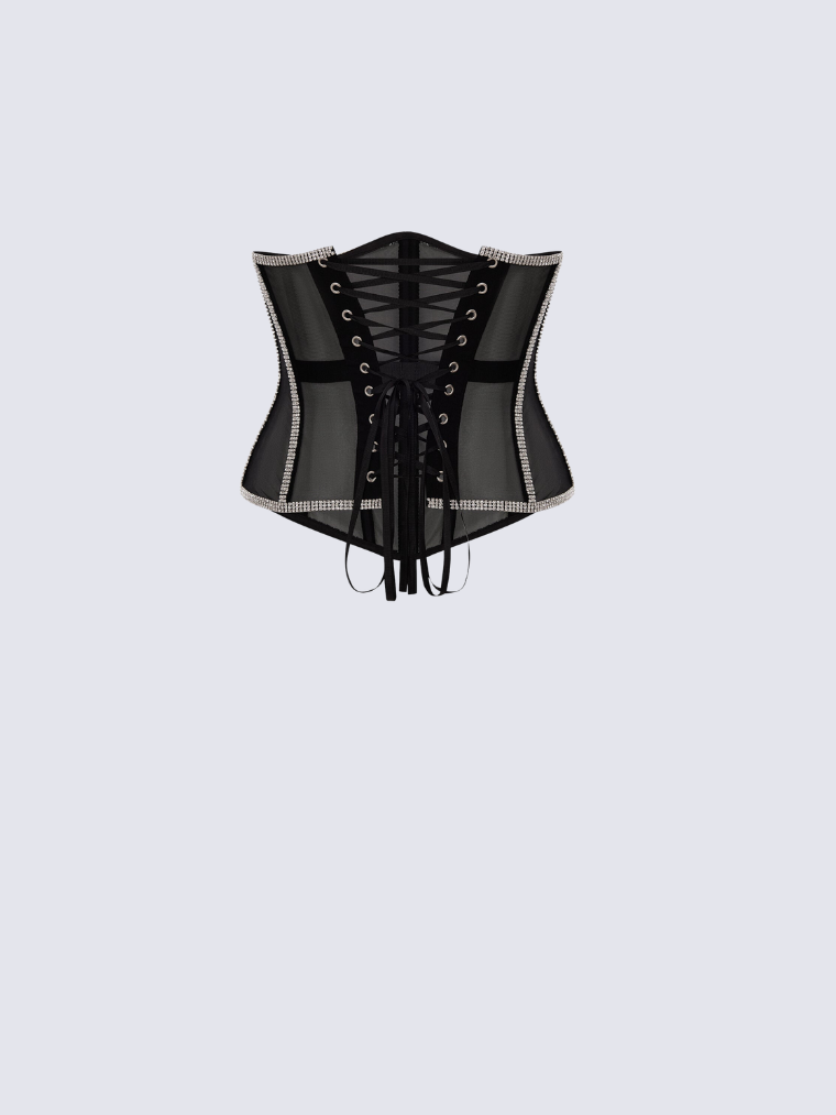 Fashion Stop Black Mesh Crystal Trim Waist Corset