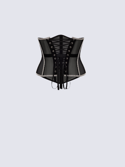Fashion Stop Black Mesh Crystal Trim Waist Corset