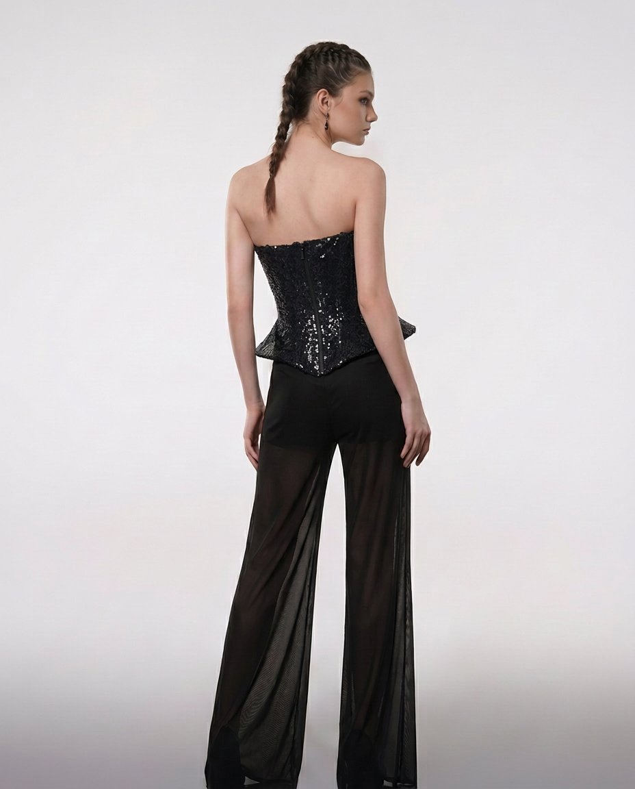 Fashion Stop Shiny Black Sequin Corset Top